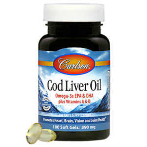 Norwegian Cod Liver Oil - Omega 3's, EPA & DHA Plus Vitamins A & D - 390 MG (100 Softgels)