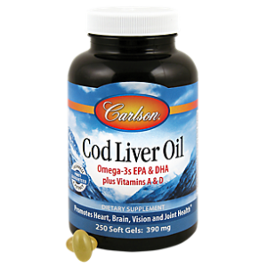 Norwegian Cod Liver Oil - Omega 3's, EPA & DHA Plus Vitamins A & D - 390 MG (250 Softgels)