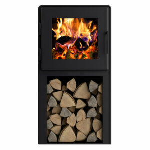 Nova Tower Wood Stove, Satin Black Finish, Satin Black Door, Room Blow