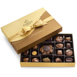 Nut and Caramel Gift Box and Ballotin, Gold Ribbon, 19 pc Dark, Milk Chocolate Caramel Embrace