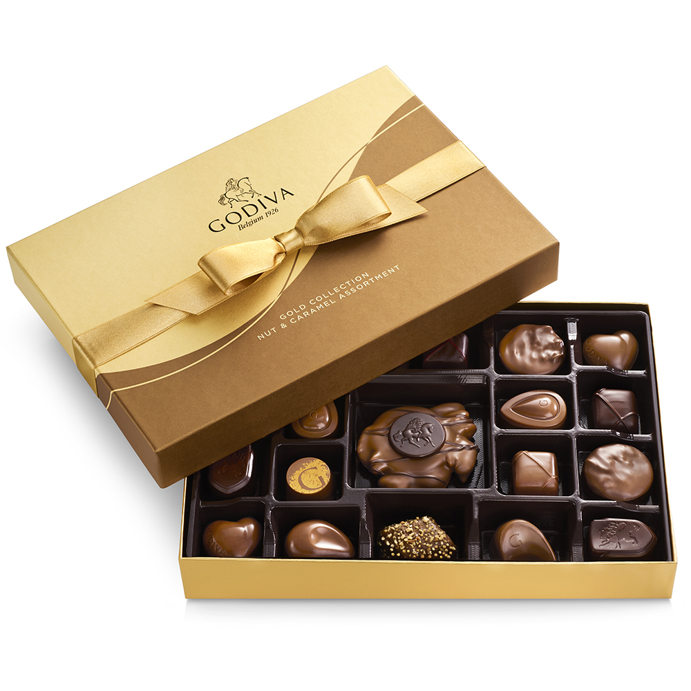 Nut and Caramel Gift Box and Ballotin, Gold Ribbon, 19 pc Dark, Milk Chocolate Caramel Embrace Nut and Caramel Gift Box and Ballotin, Gold Ribbon, 19 pc Dark, Milk Chocolate Caramel Embrace