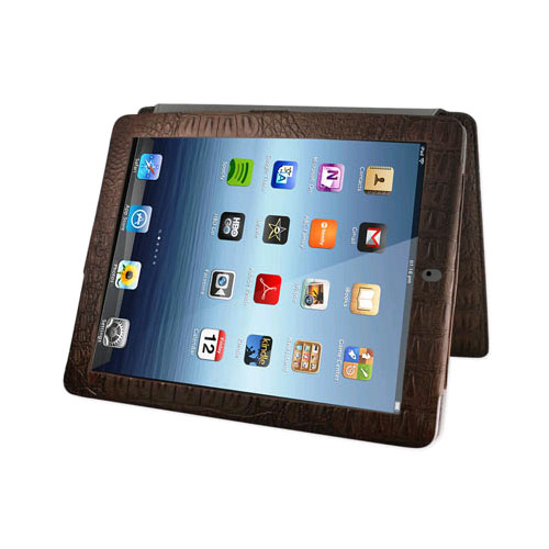 Reiko - Fitting Case with Small Pocket for Apple iPad 3 - Crocodile Brown