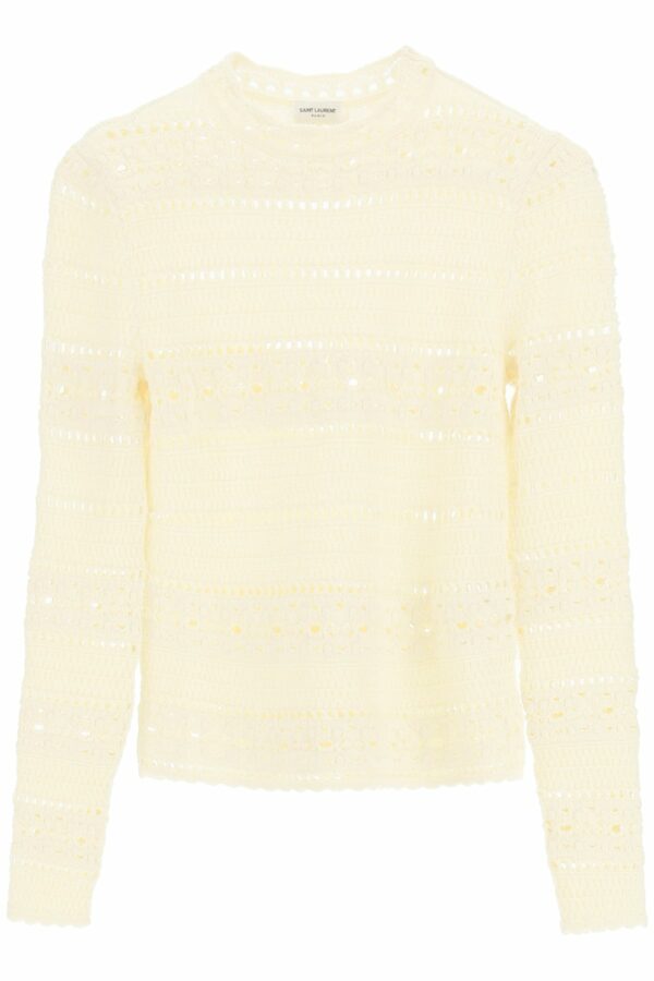 SAINT LAURENT CROCHET SWEATER S Beige, White Cotton