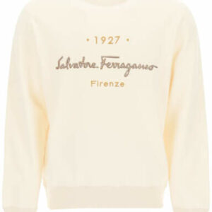 SALVATORE FERRAGAMO 1927 SIGNATURE CREWNECK SWEATSHIRT S Beige Cotton, Leather