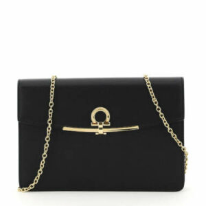 SALVATORE FERRAGAMO GANCINI CLUTCH OS Black Leather