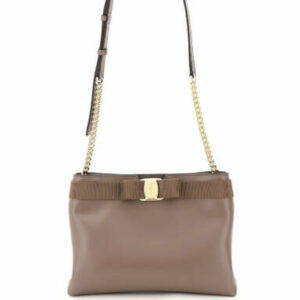 SALVATORE FERRAGAMO VARA NEW CLUTCH WITH SHOULDER STRAP OS Grey, Brown Leather