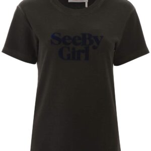 SEE BY CHLOE FLOCKED LOGO T-SHIRT L Grey Cotton