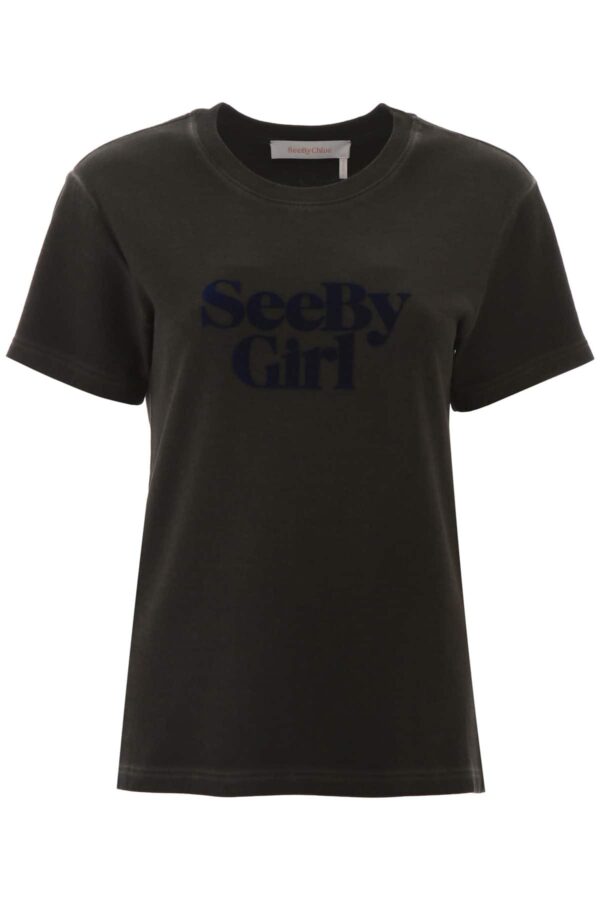 SEE BY CHLOE FLOCKED LOGO T-SHIRT L Grey Cotton