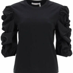 SEE BY CHLOE T-SHIRT WITH GATHERED SLEEVES XL Black Cotton