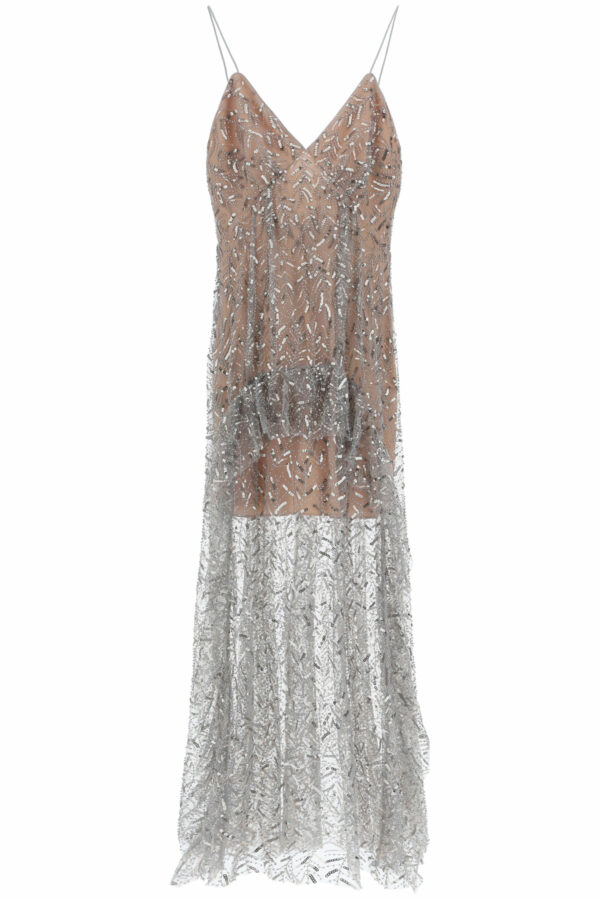 SELF PORTRAIT LONG SEQUINED TULLE DRESS 8 Grey, Silver