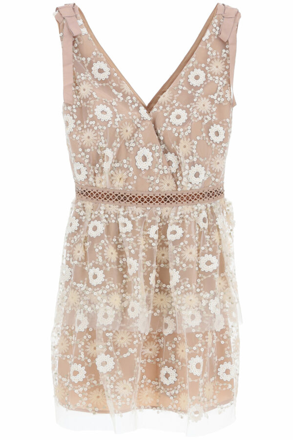 SELF PORTRAIT MINI DRESS WITH SEQUIN FLOWERS 8 White, Beige