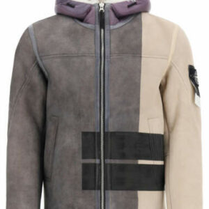 STONE ISLAND SHEARLING BOMBER JACKET M Grey, Beige Fur, Leather