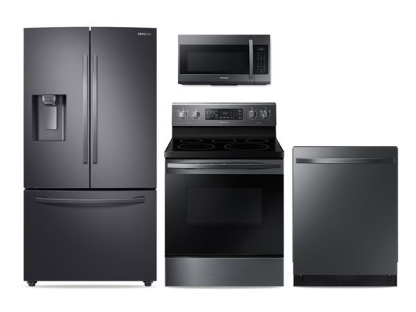 Samsung Large Capacity 3-door Refrigerator + Electric Range + StormWash Dishwasher + Microwave Kitchen Package in Black Stainless(BNDL-1572441962958)