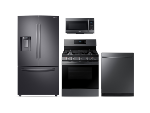 Samsung Large Capacity 3-door Refrigerator + Gas Range + StormWash Dishwasher + Microwave Kitchen Package in Black Stainless(BNDL-1572441513414)