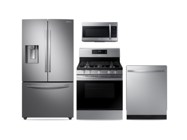 Samsung Large Capacity 3-door Refrigerator + Gas Range + StormWash Dishwasher + Microwave Kitchen Package in Stainless Steel(BNDL-1572442239622)