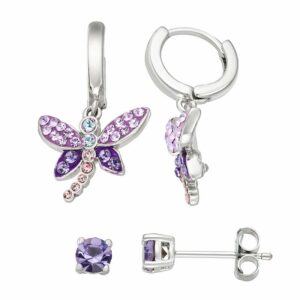 Silver-Plated Crystal Accent Dragonfly Hoop & Stud Earring Set, Women's, Purple