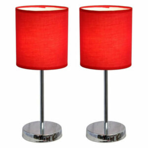 Simple Designs Living Room Bedroom 2Pk Chrome Basic Table Lamp, Red Sh