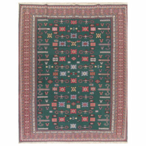 Sumak Flat-Woven Oriental Area Rug For Living Room, Green, 11'5"x9'2"