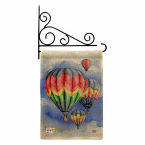 Summer Hot Air Balloon Burlap Garden Flag Set Wall Holder Double-Sided