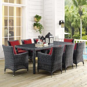 Summon 9 Piece Outdoor Patio Sunbrella® Dining Set in Canvas Red