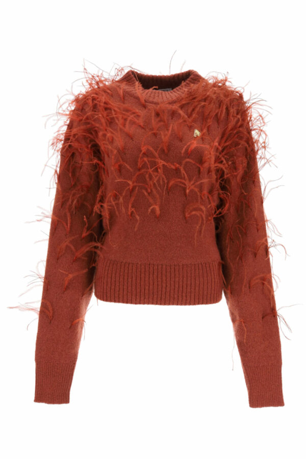 THE ATTICO SWEATER WITH FEATHERS S Brown Wool