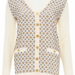 TORY BURCH BATIK MEDALLION CARDIGAN XS White, Gold, Purple Wool, Silk