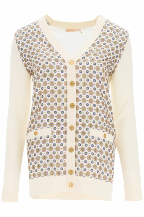 TORY BURCH BATIK MEDALLION CARDIGAN XS White, Gold, Purple Wool, Silk