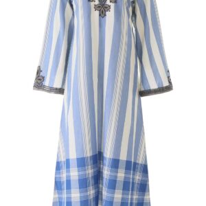 TORY BURCH EMBROIDERED KAFTAN DRESS 2 Blue, White Cotton