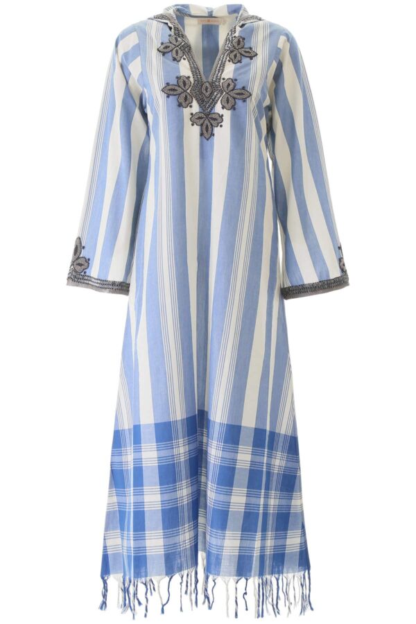 TORY BURCH EMBROIDERED KAFTAN DRESS 2 Blue, White Cotton