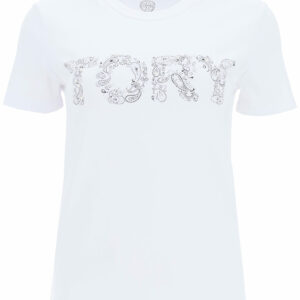 TORY BURCH PAISLEY LOGO T-SHIRT S White, Black Cotton