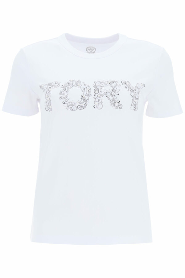 TORY BURCH PAISLEY LOGO T-SHIRT S White, Black Cotton