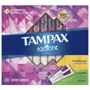Tampax Radiant Duopack, Plastic Tampons, Unscented Regular/Super Absorbency - 28.0 ea