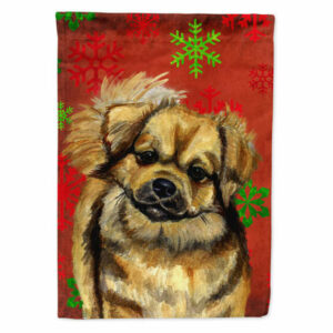 Tibetan Spaniel Red Green Snowflake Holiday Christmas Flag Garden Size