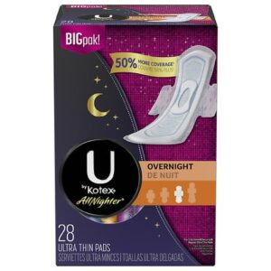 U by Kotex AllNighter Ultra Thin Overnight Pads with Wings, Fragrance-Free - 28.0 ea