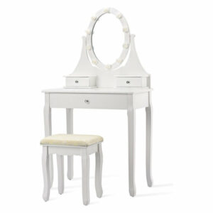 Unique 3-Drawers Lighted Mirror Vanity Makeup Dressing Table Stool Set