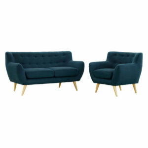 Upholstered Fabric 2 Piece Living Room Set Armchair & Loveseat, Azure
