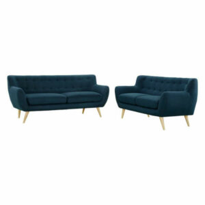 Upholstered Fabric 2 Piece Living Room Set w/ Loveseat & Sofa, Azure