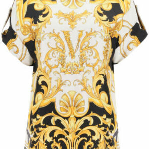 VERSACE BAROCCO FEMME PRINT BLOUSE 42 Black, Gold, White Silk