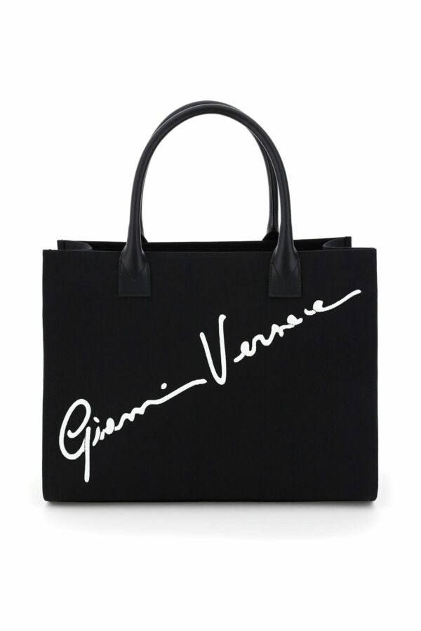 VERSACE CANVAS TOTE BAG WITH LOGO SIGNATURE OS Black, White Leather, Cotton