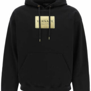 VERSACE PLAQUE PRINT HOODIE S Black, Gold Cotton