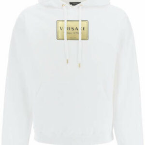 VERSACE PLAQUE PRINT HOODIE S White, Gold Cotton