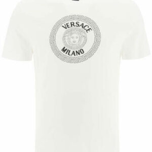 VERSACE T-SHIRT WITH MEDUSA PRINT AND LOGO EMBROIDERY S White, Black Cotton