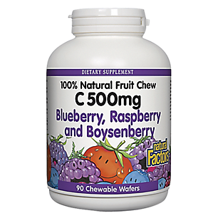 Vitamin C - 100% Natural Fruit Chew - Blueberry, Raspberry & Boysenberry - 500 MG (90 Chewable Wafers)