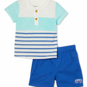 Vitamins Baby Boys' Casual Shorts Aqua - Aqua & Blue Stripe Color Block Henley Tee & Blue Shorts - Infant