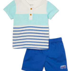 Vitamins Baby Boys' Casual Shorts Aqua - Aqua & Blue Stripe Color Block Henley Tee & Blue Shorts - Toddler