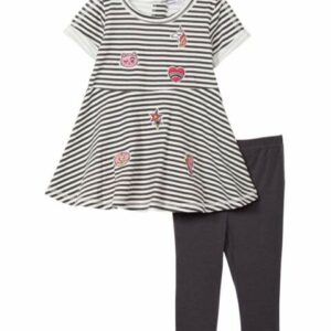 Vitamins Baby Girls' Casual Dresses - Black & White Stripe Cat Icon A-Line Dress & Black Leggings - Toddler