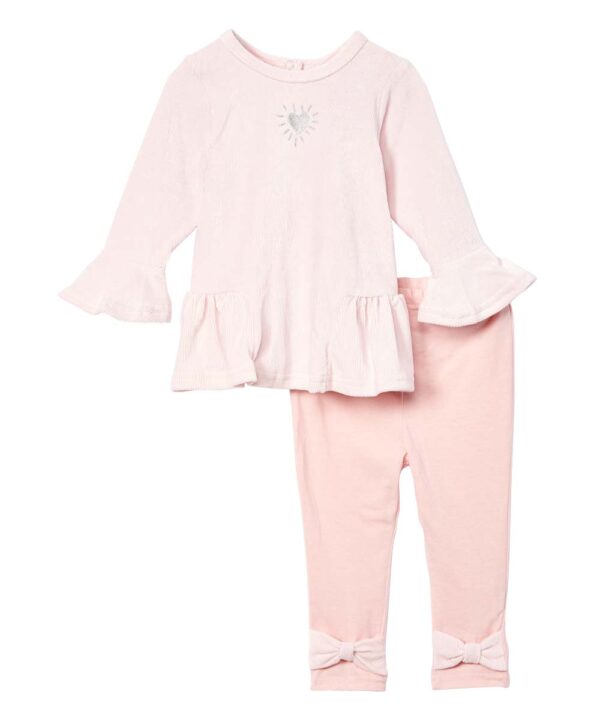 Vitamins Baby Girls' Leggings - Light Pink Velour Heart Ruffle-Hem Long-Sleeve Top & Leggings