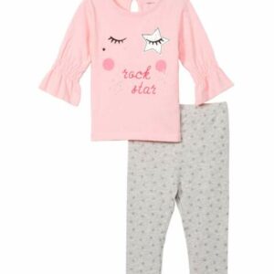 Vitamins Baby Girls' Leggings - Pink Ruffle-Accent 'Rock Star' Long-Sleeve Top & Gray Leggings - Infant