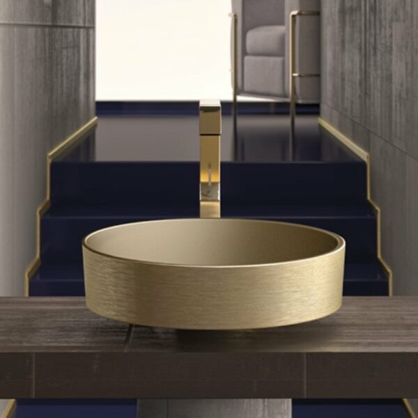 WS Bath Collections Rho Metal Paths of Water 16-1/8" Circular Glass Vessel Bathroom Sink Brushed Gold Fixture Lavatory Sink Glass