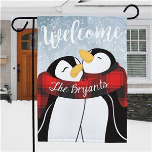 Welcome Hugging Penguin Couple Personalized Garden Flag